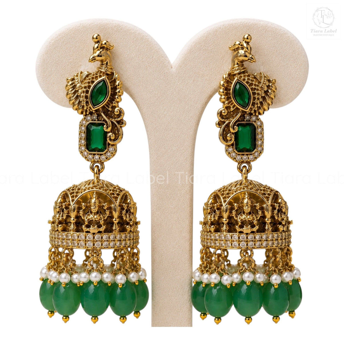 Temple-Inspired Green Bead Jhumka Earrings