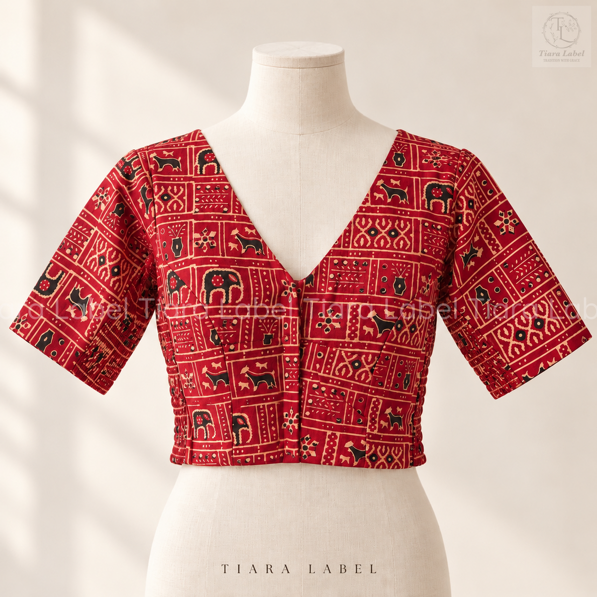 Red Folk Motif Print Flex-Fit Blouse