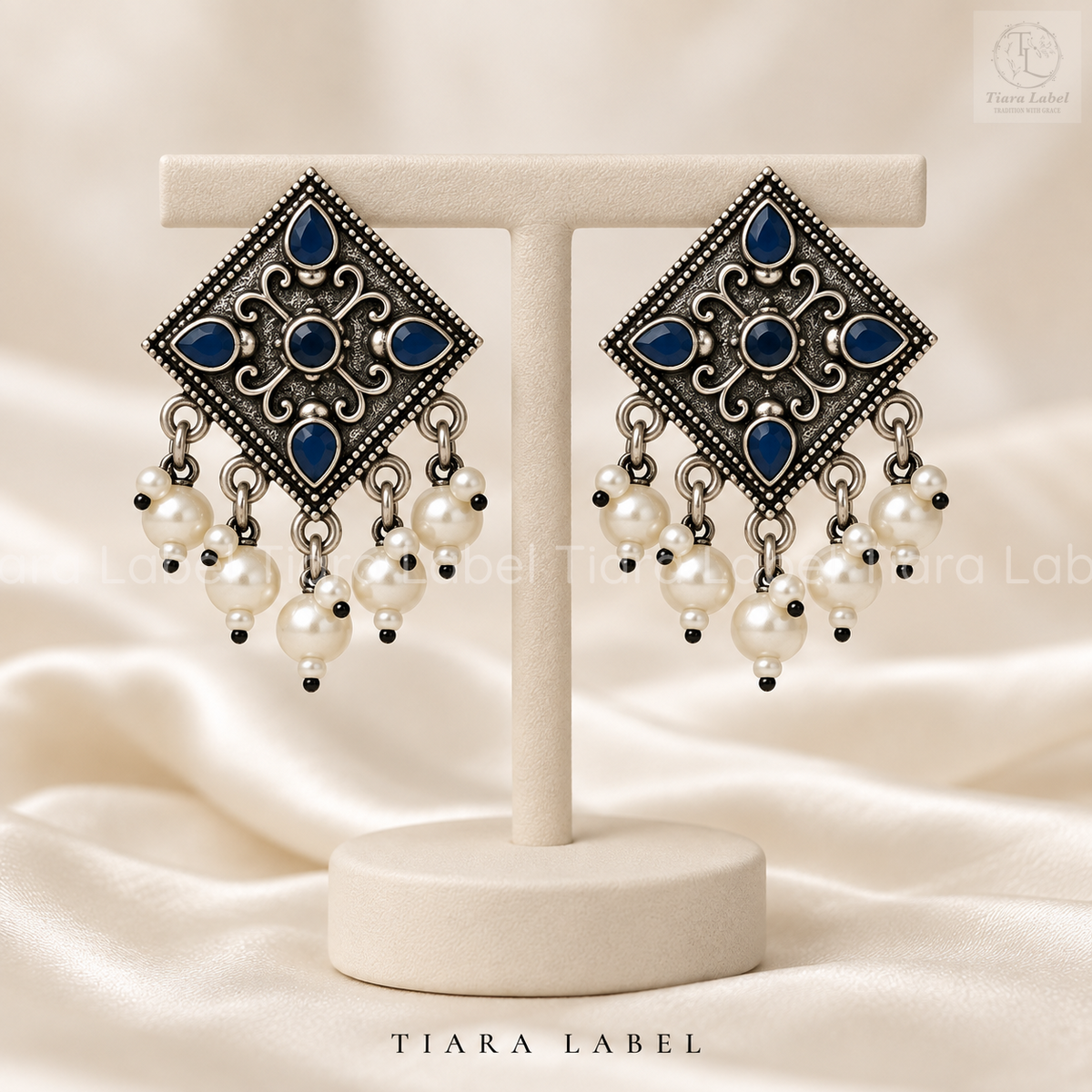 Vintage Square Geometric Oxidised Earrings with Pearl Cluster Drops