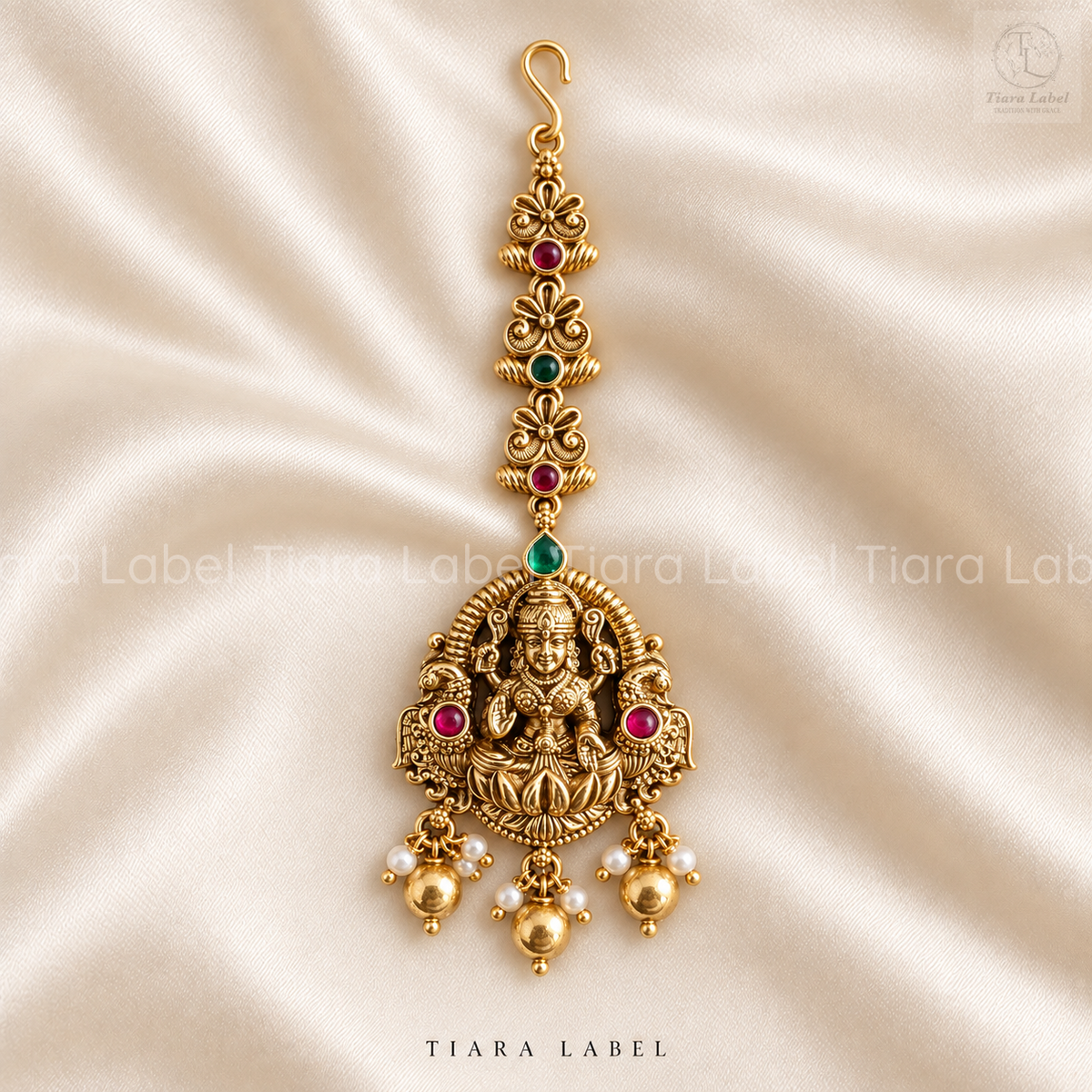 Antique Gold Goddess Lakshmi Lotus Temple Maang Tikka with Pearl & Bead Drops