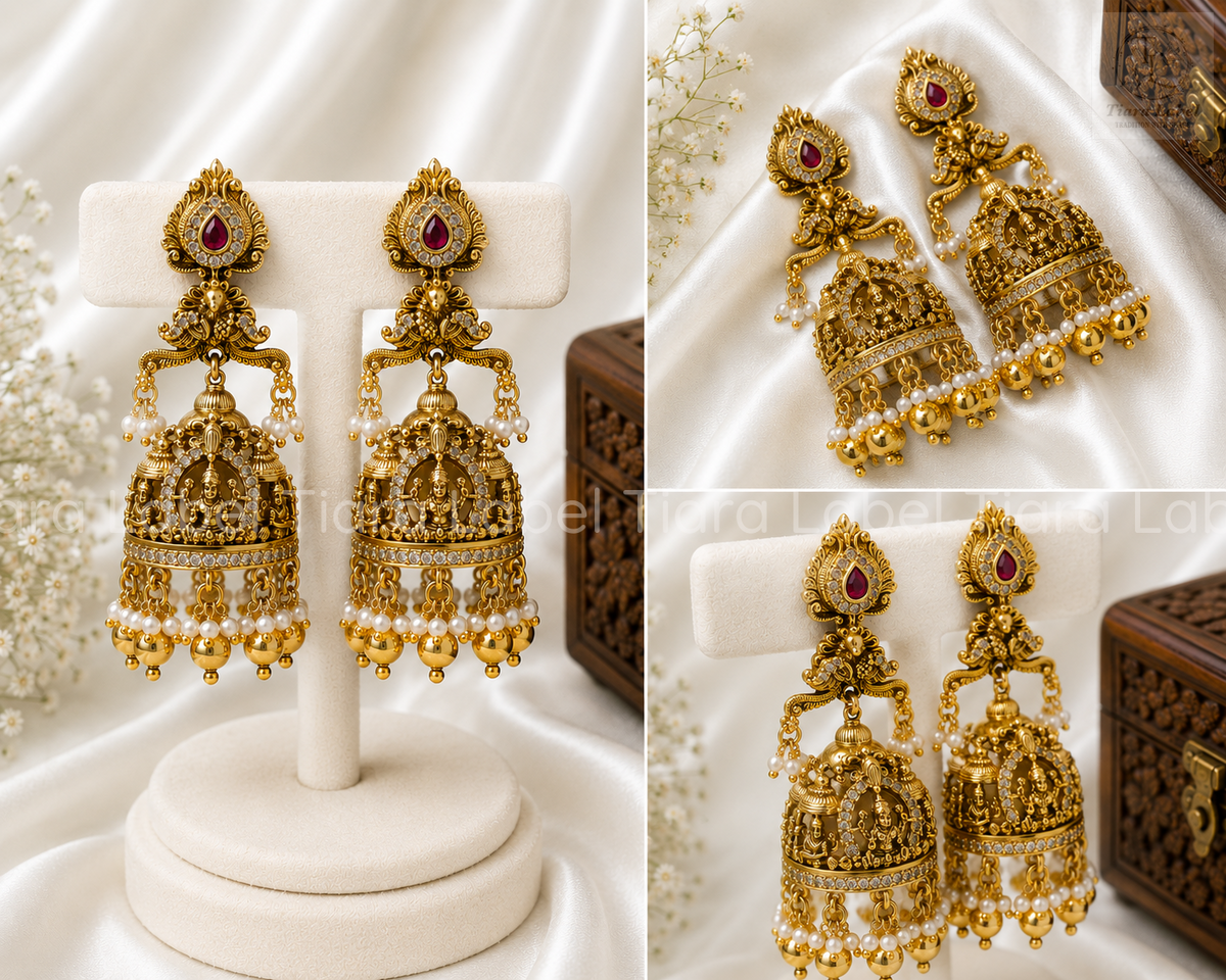 Grand Lakshmi Peacock Pearl Temple Jhumka Earrings