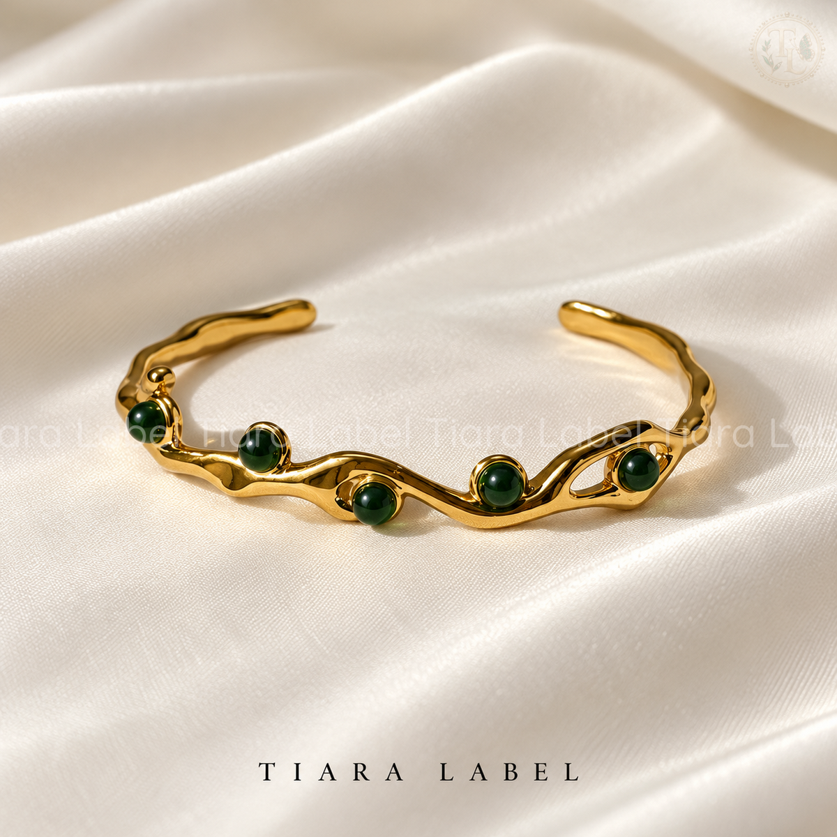 Green Bead Wave Anti-Tarnish Cuff Bracelet for Teens