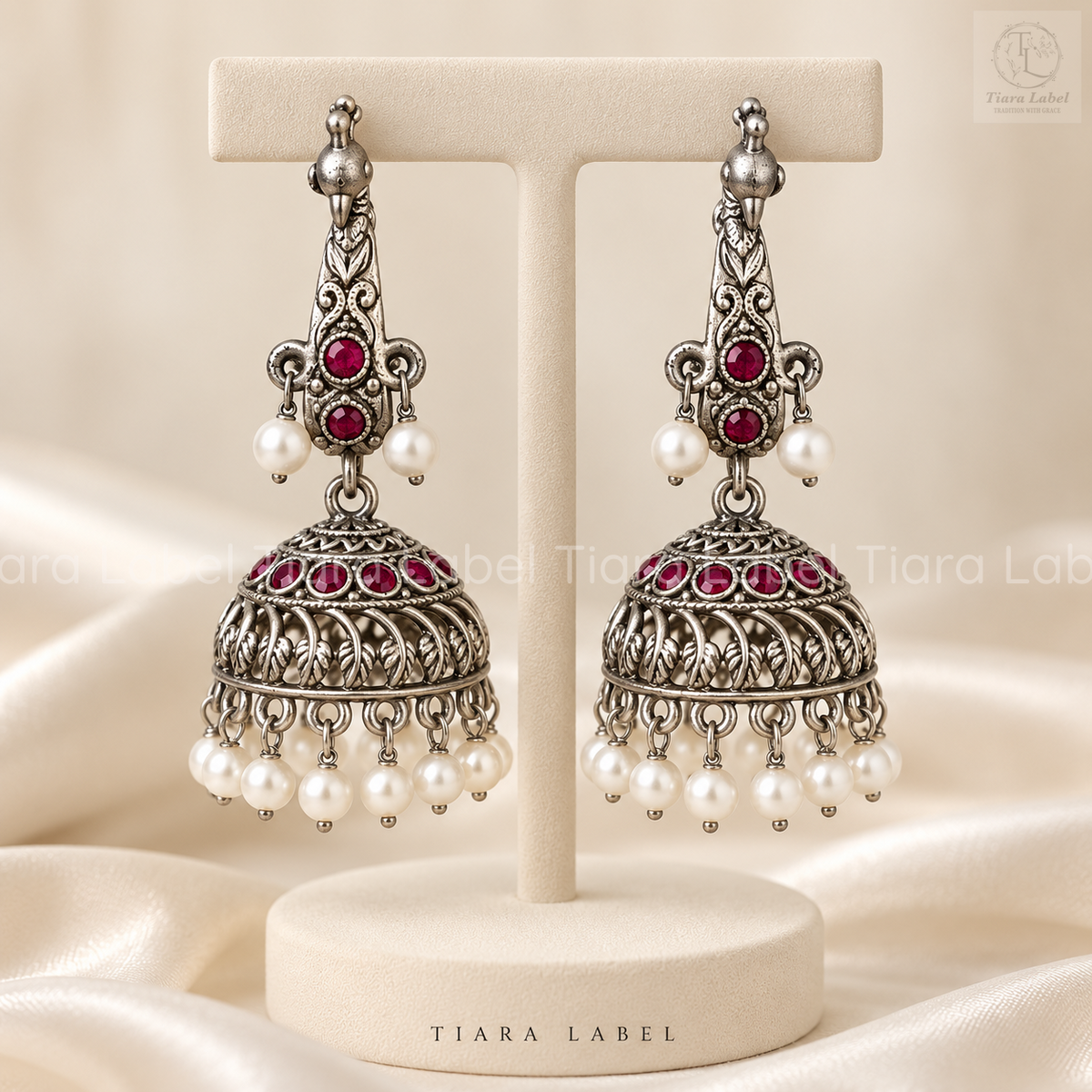 Peacock Ruby Stone Oxidised Jhumka Earrings