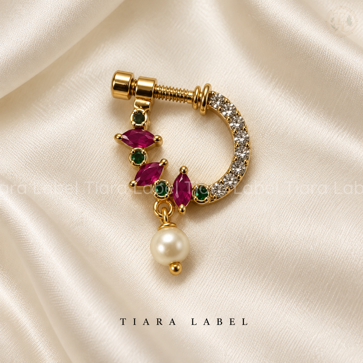 Multicolour Crescent Pearl-Drop Screw Nose Pin