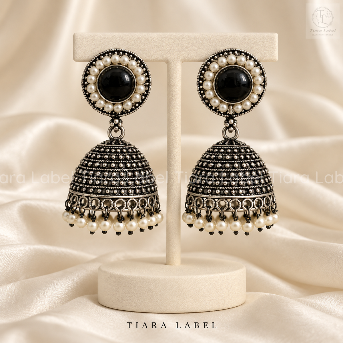 Royal Stone & Pearl Oxidised Jhumka Earrings