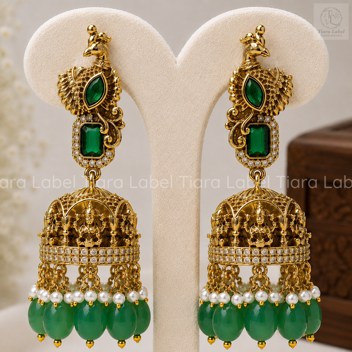 Temple-Inspired Green Bead Jhumka Earrings