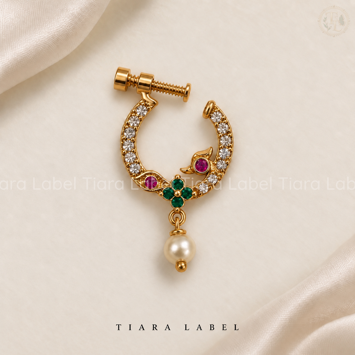 Multicolour Crescent Pearl-Drop Screw Nose Pin