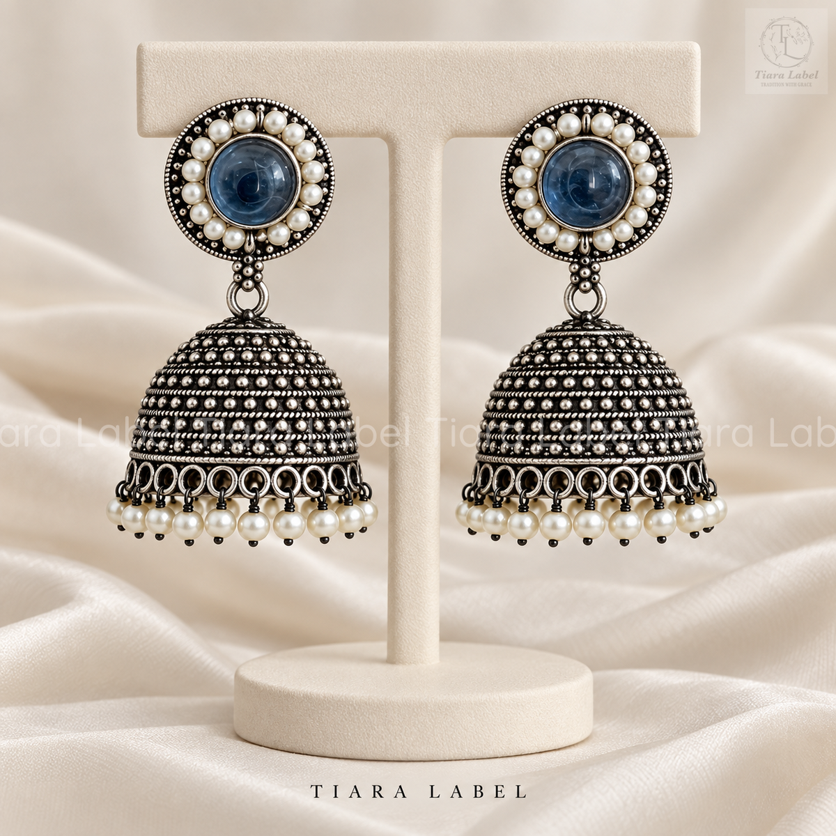 Royal Stone & Pearl Oxidised Jhumka Earrings