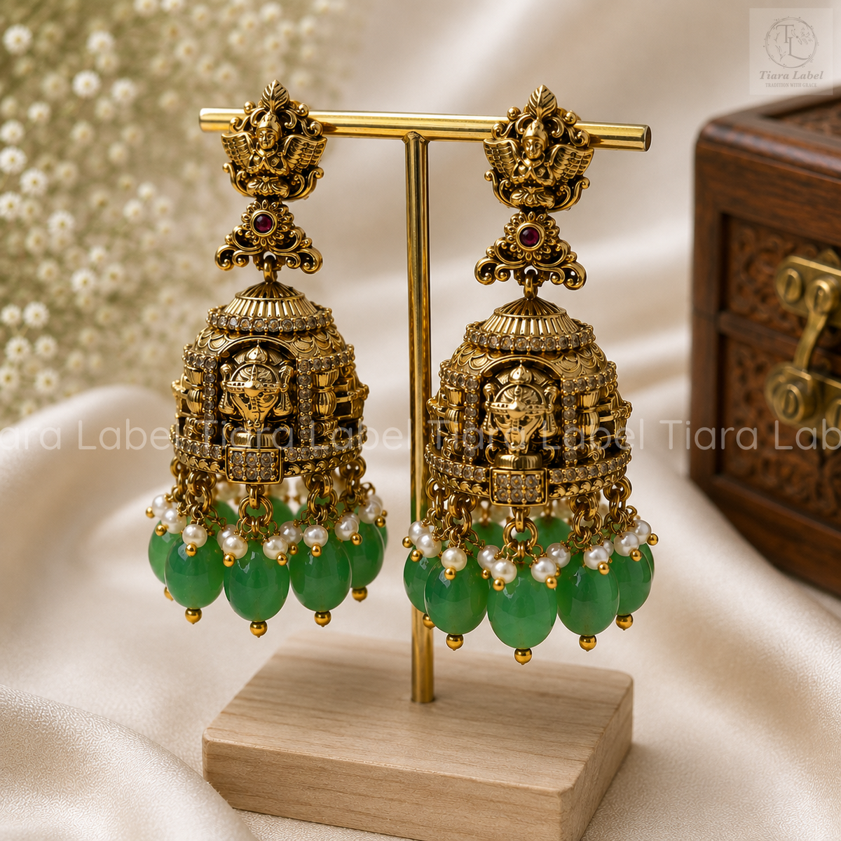Balaji Temple Green Bead Jhumka Earrings