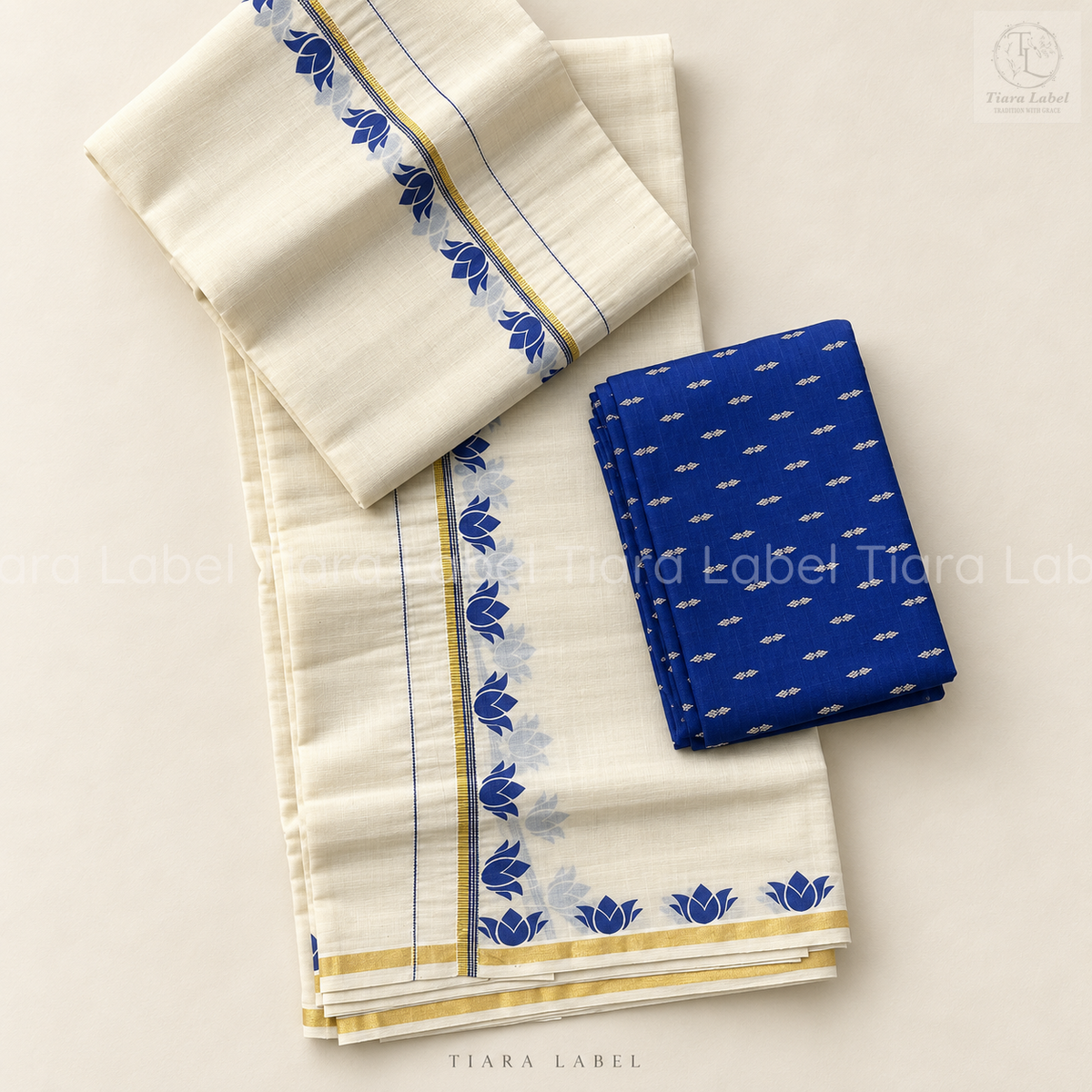 Set Mundu with Blue Lotus Motif Border & Matching Printed Blouse Material