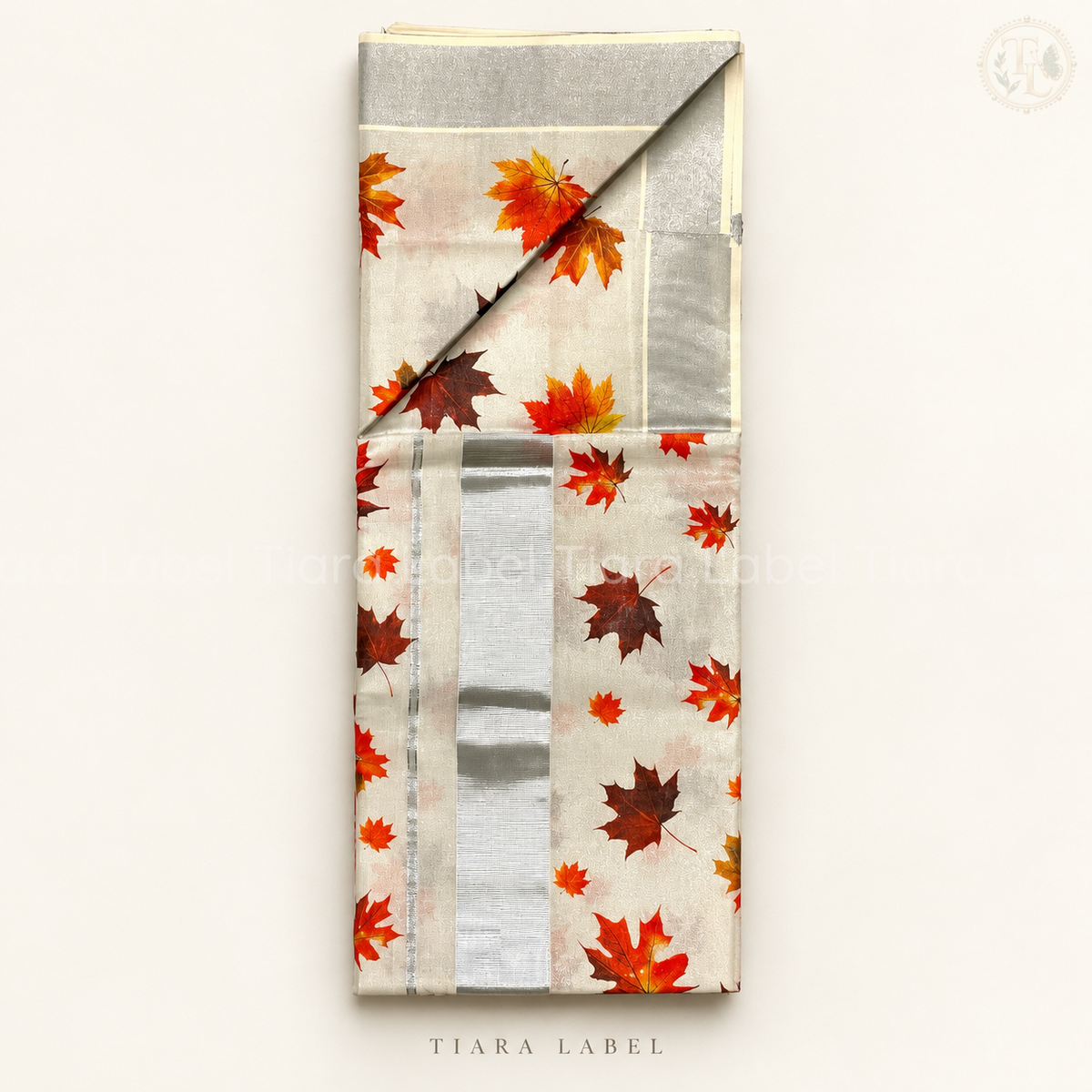 Autumn Leaf Printed Silver Kasavu Handloom Saree