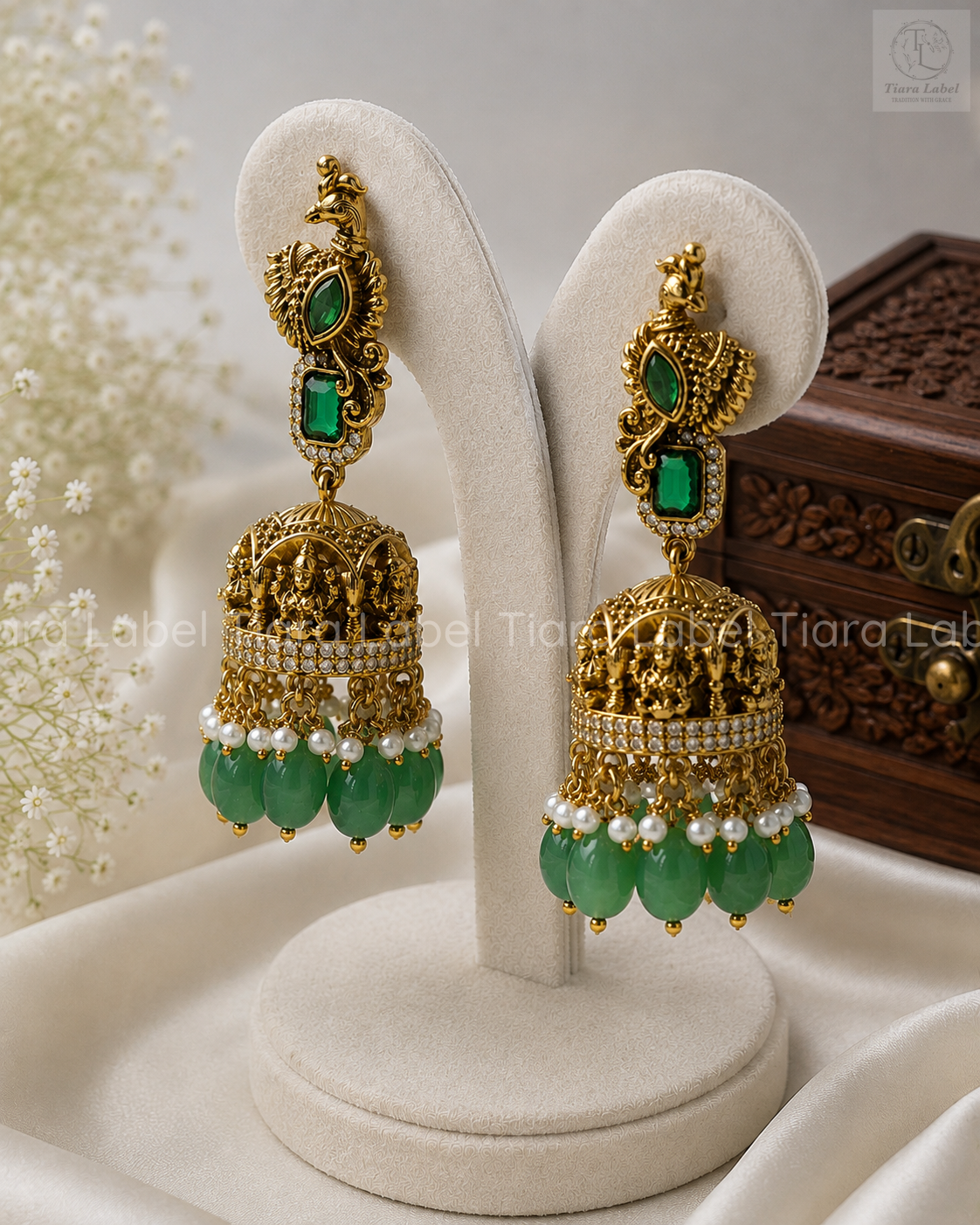 Temple-Inspired Green Bead Jhumka Earrings