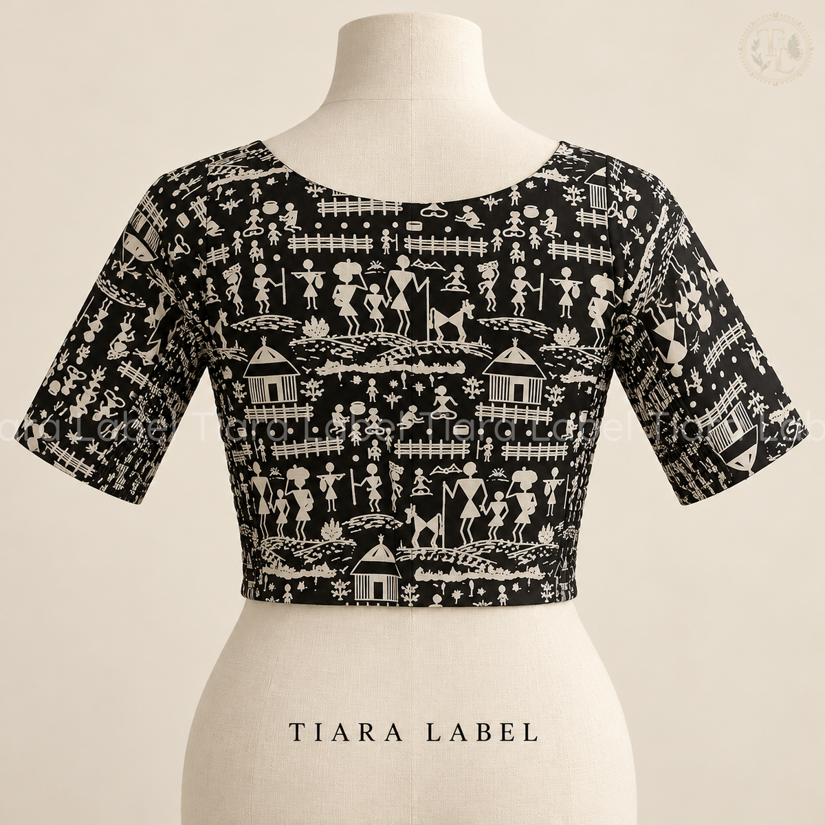 Black Warli-Inspired Print Flex-Fit Blouse