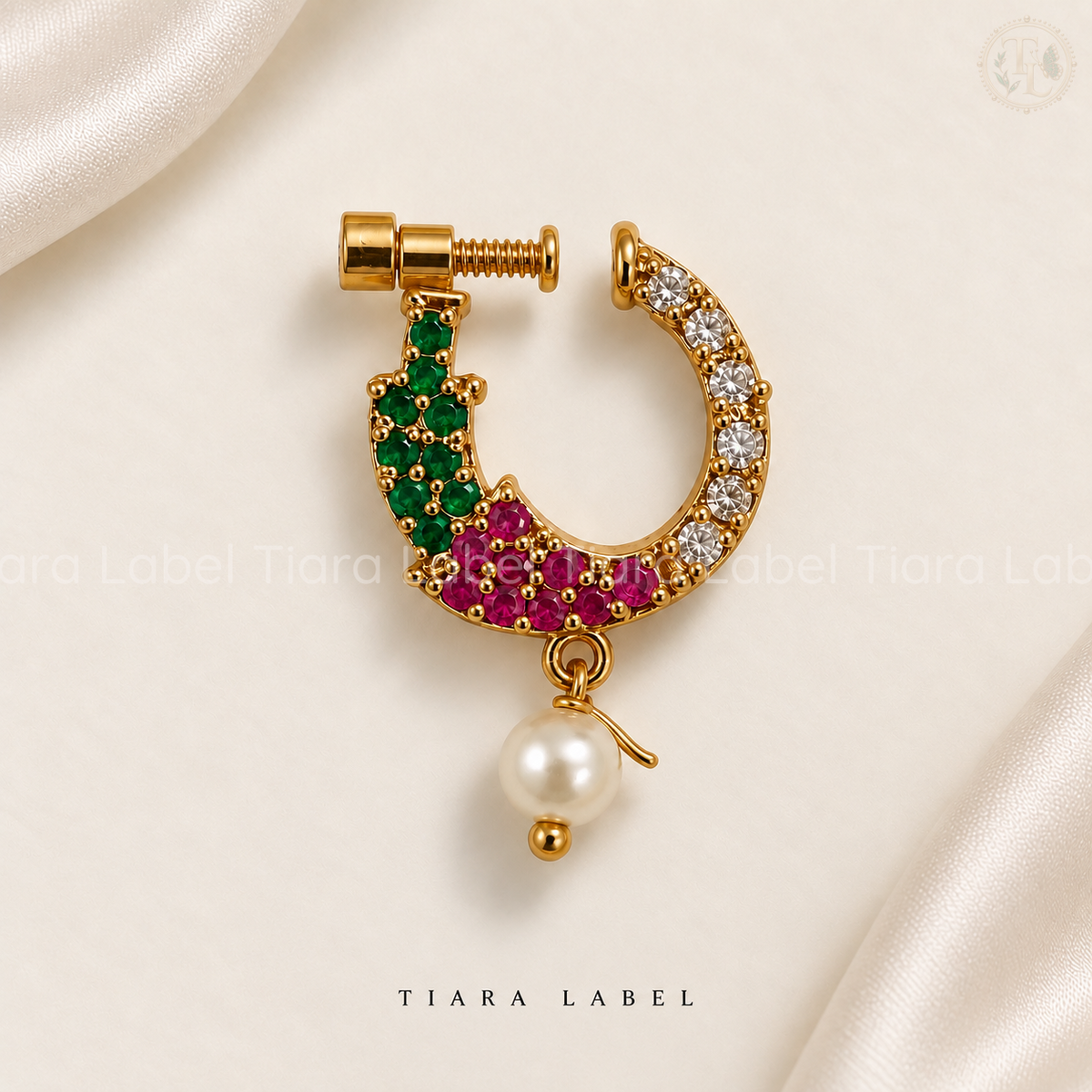 Multicolour Crescent Pearl-Drop Screw Nose Pin