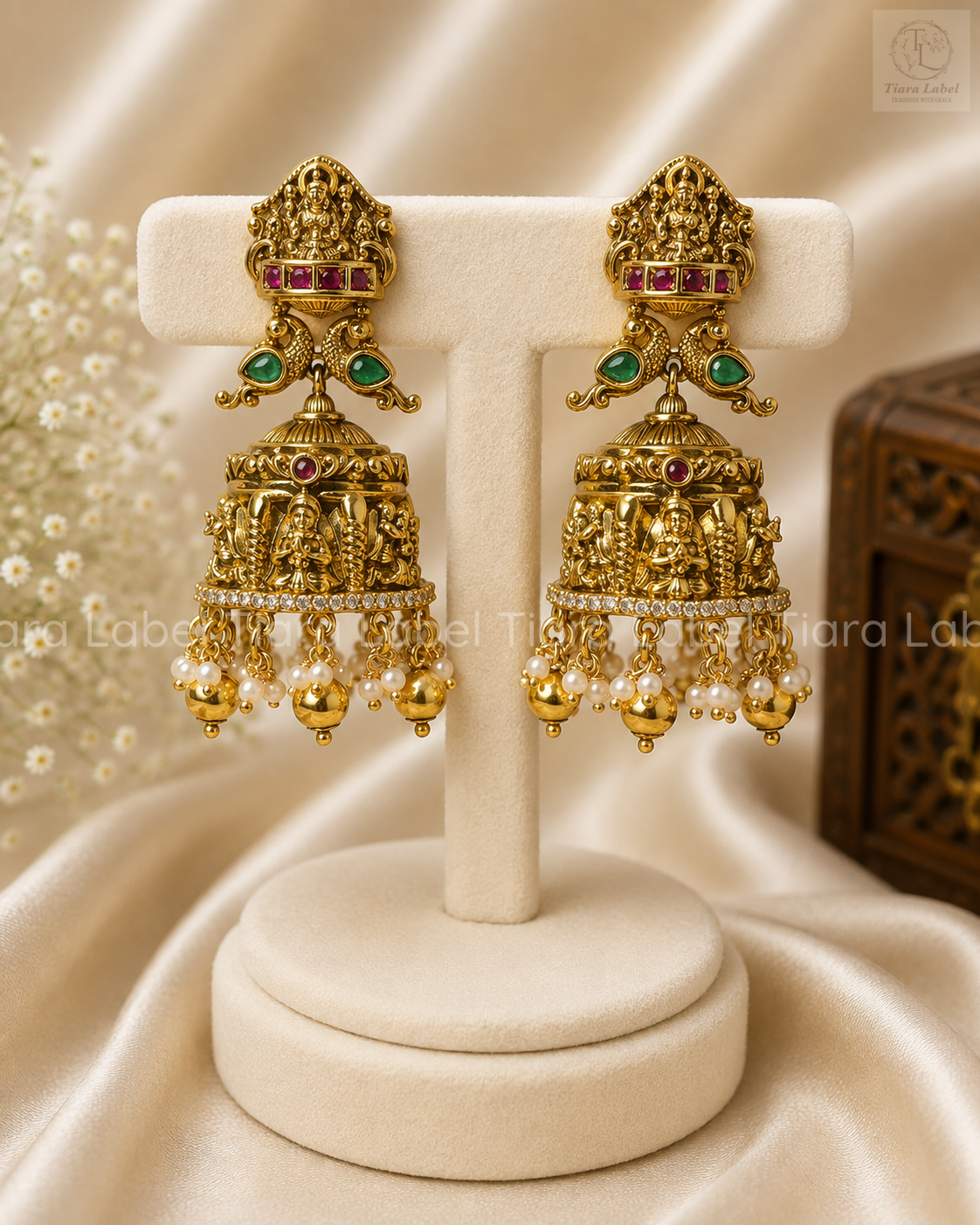 Lakshmi Peacock Ruby-Green Temple Jhumka Earrings
