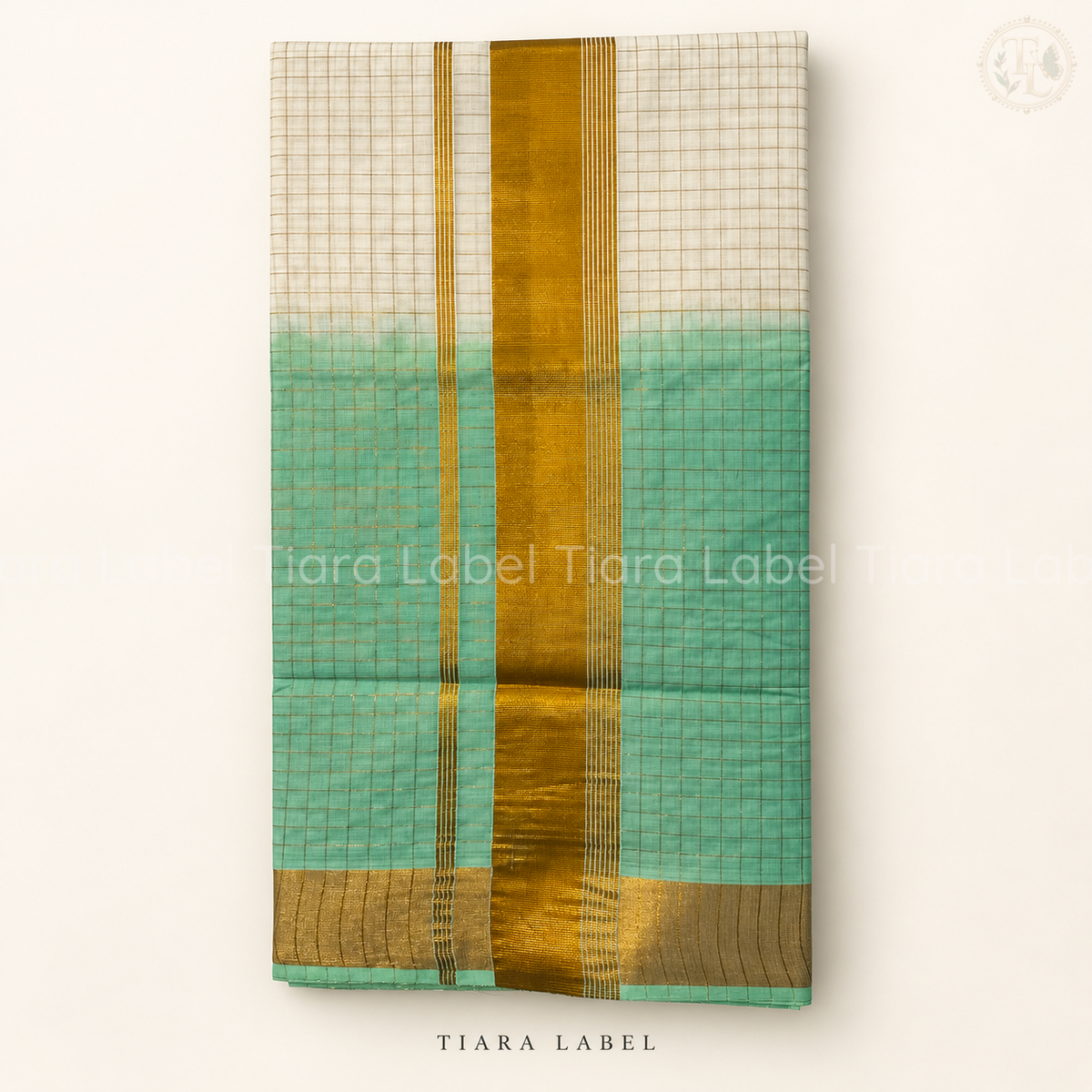 Mint Green Half and Half Checked Saree
