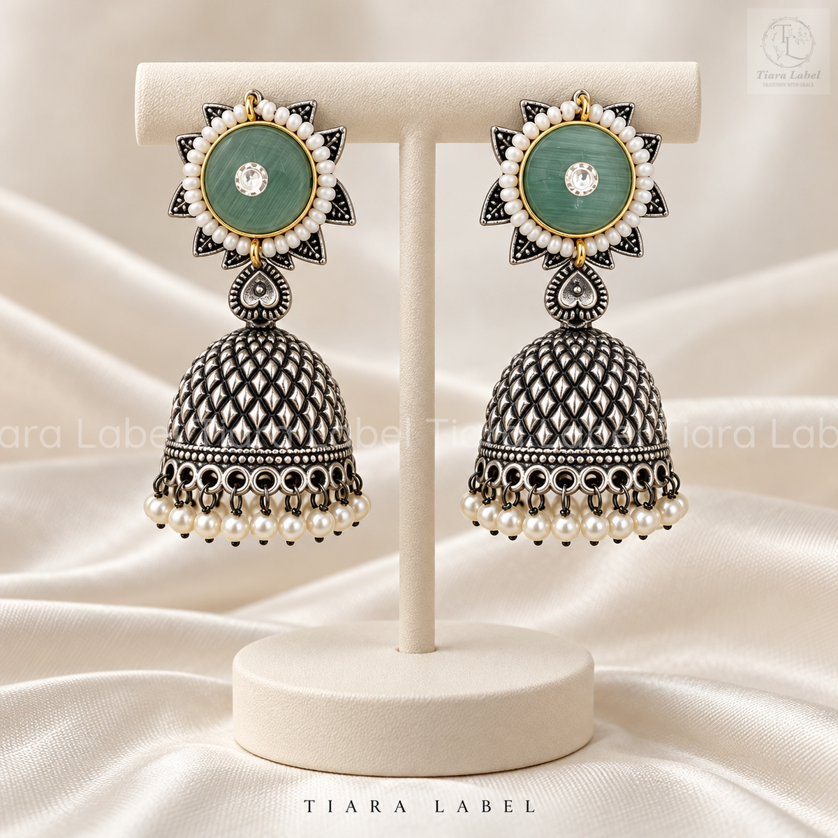 Royal Stone & Pearl Oxidised Jhumka Earrings