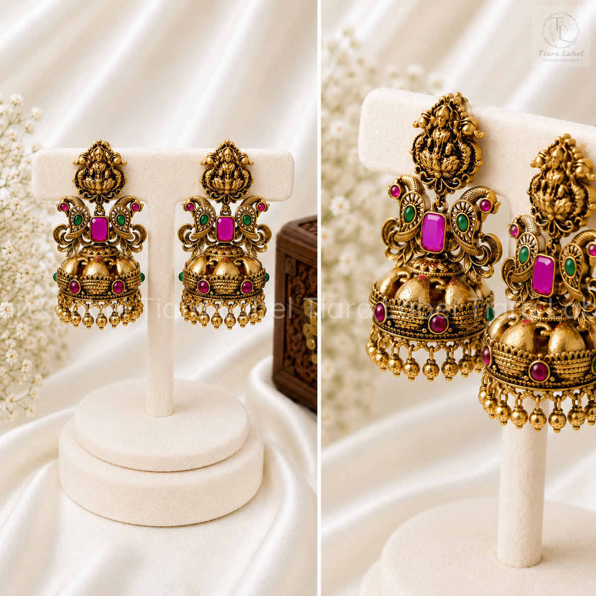 Lakshmi Peacock Ruby-Green Temple Jhumka Earrings