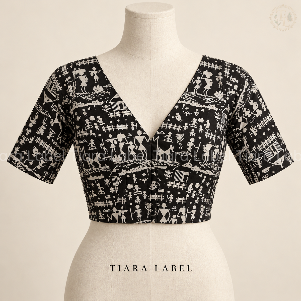 Black Warli-Inspired Print Flex-Fit Blouse