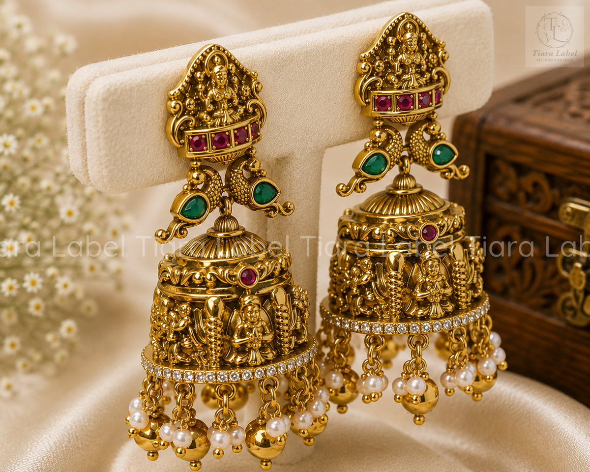 Lakshmi Peacock Ruby-Green Temple Jhumka Earrings