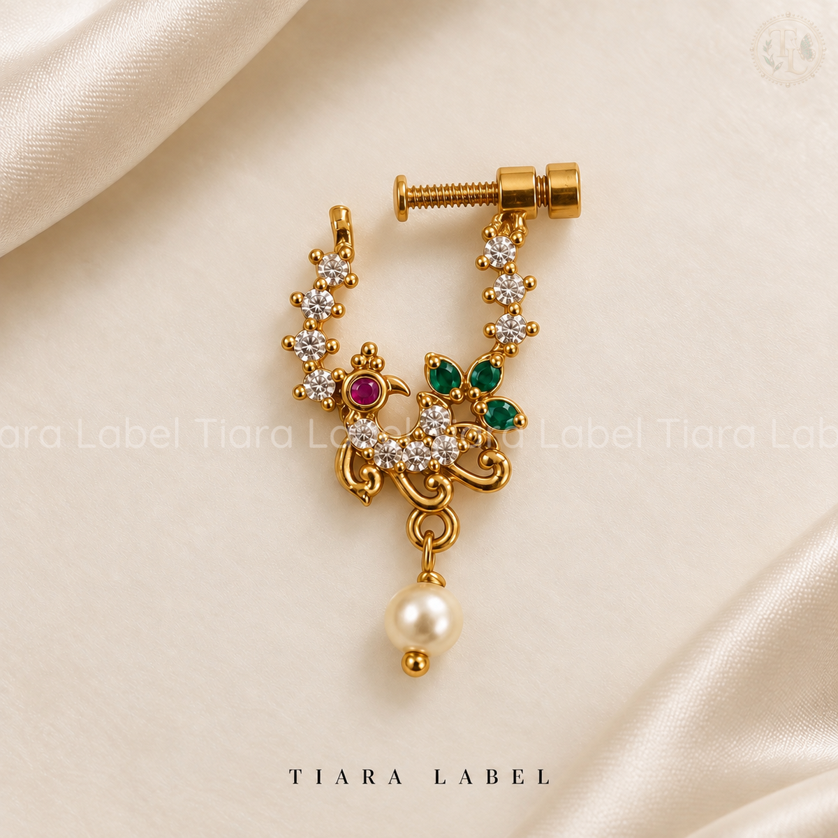 Multicolour Crescent Pearl-Drop Screw Nose Pin