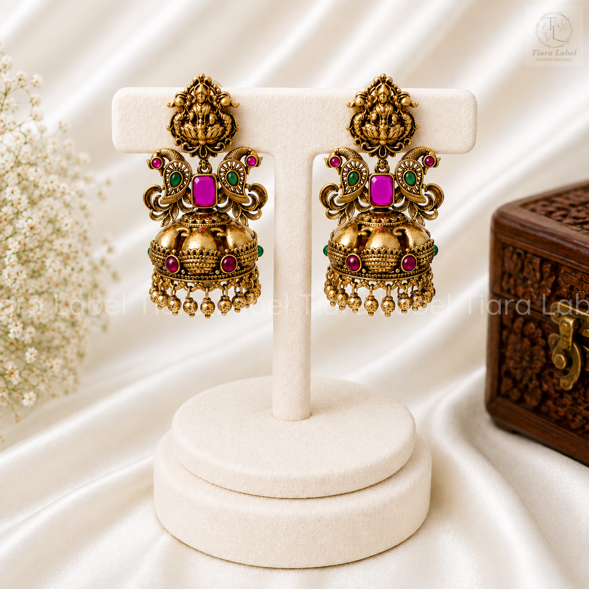 Lakshmi Peacock Ruby-Green Temple Jhumka Earrings