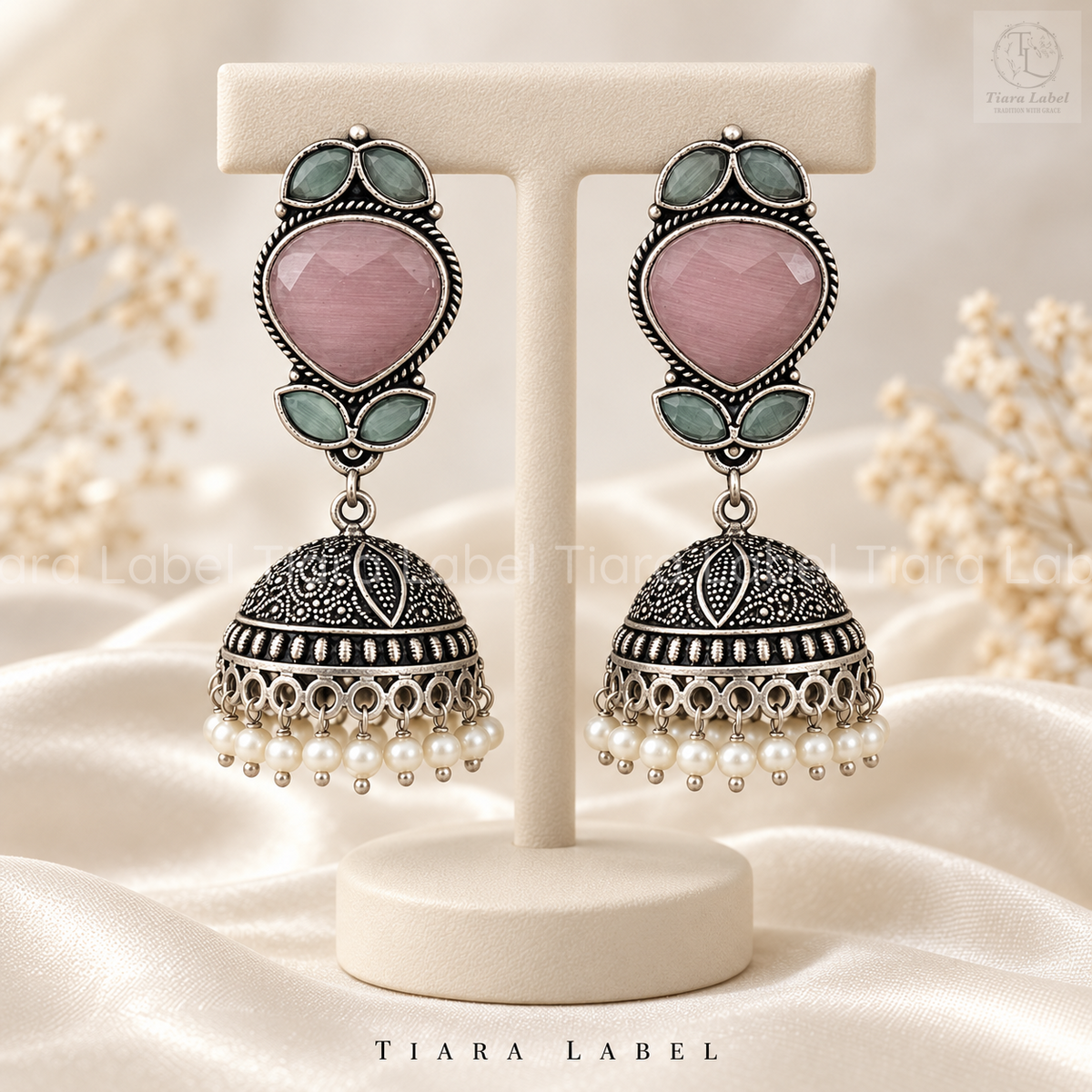 Pastel Leaf-Stone Oxidized Jhumka Earrings