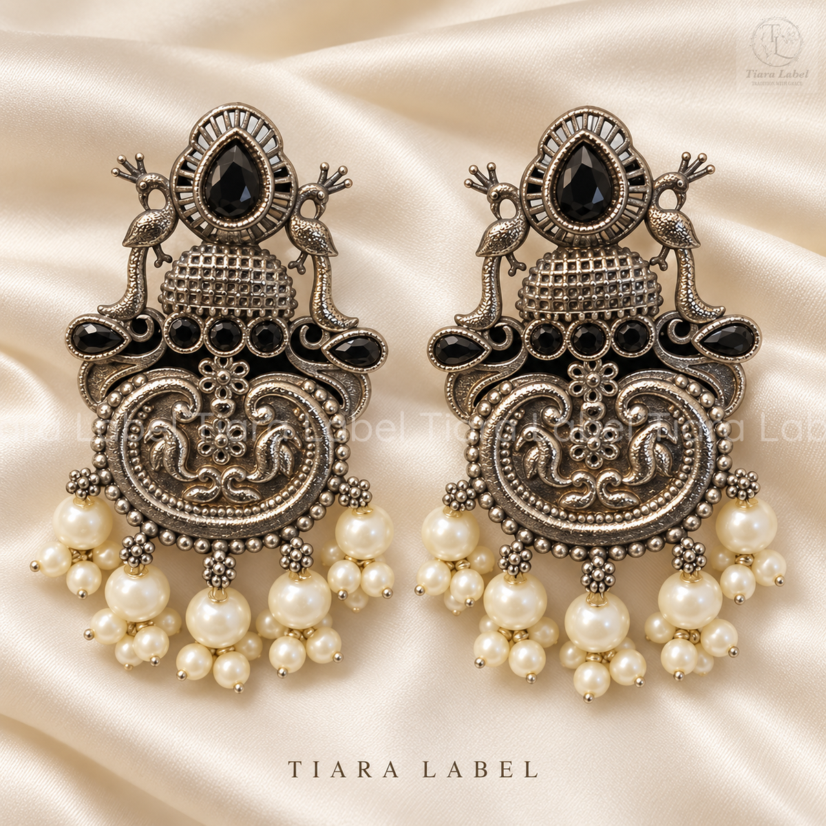 Oxidized Peacock Statement Earrings with Pearl Drops