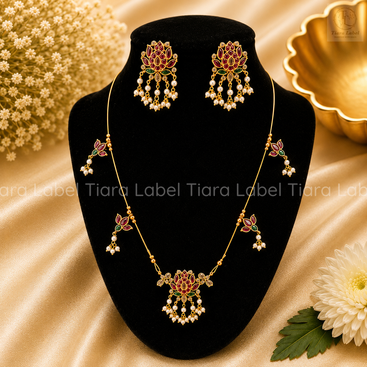 Traditional Lotus Invisible Chain Necklace & Earrings Set – Ruby, Green & Pearl