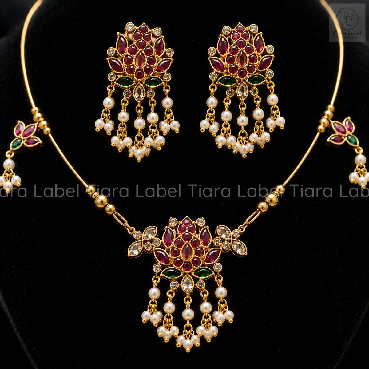 Traditional Lotus Invisible Chain Necklace & Earrings Set – Ruby, Green & Pearl
