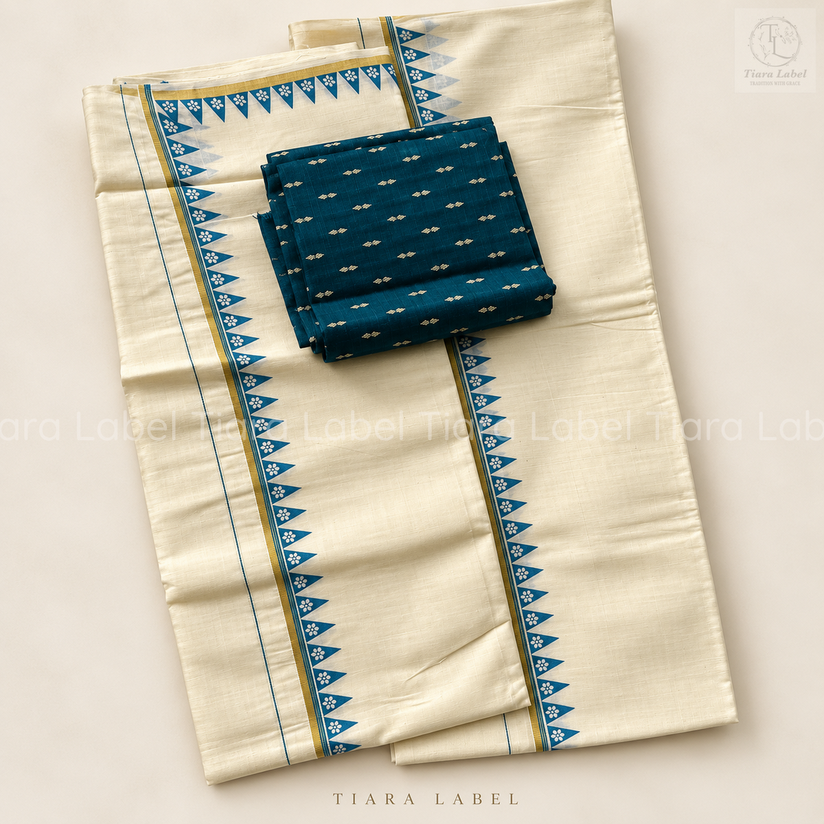 Teal Temple Border Kasavu Set Mundu with Matching Blouse Material