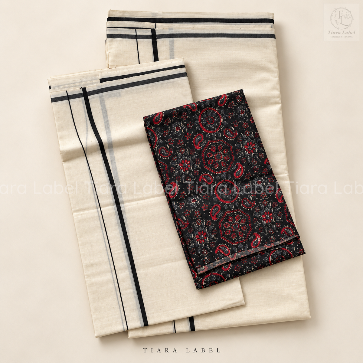 Black Puliyirakara Pure Cotton Set Mundu with Red Ajrakh-Print Blouse