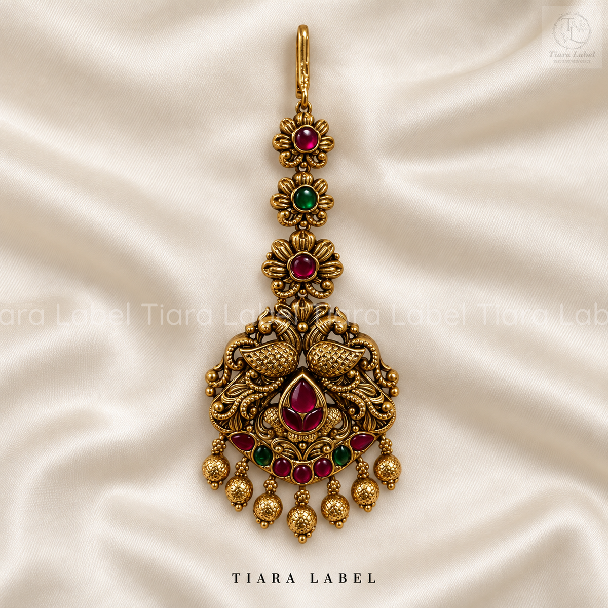 Antique Gold Finish Temple Maang Tikka with Ruby & Emerald Stones