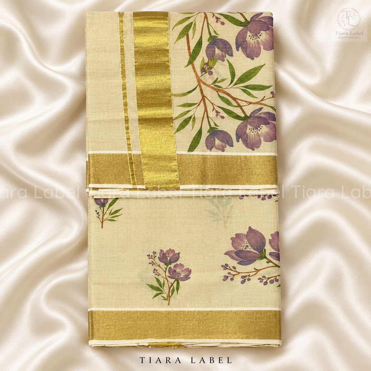 Floral Printed Kerala Tissue Cotton Saree with Zari Border