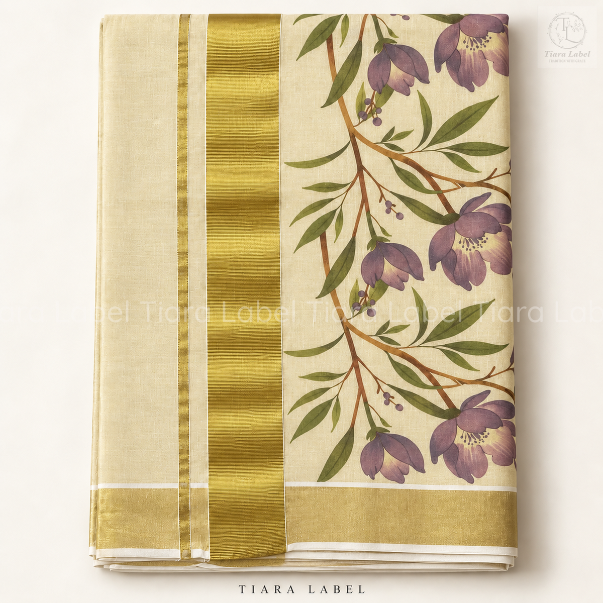 Floral Printed Kerala Tissue Cotton Saree with Zari Border