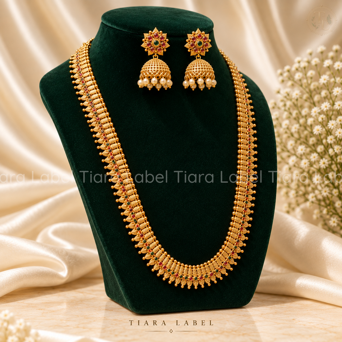Traditional Leaf Motif Long Haaram Set with Floral Jhumkas
