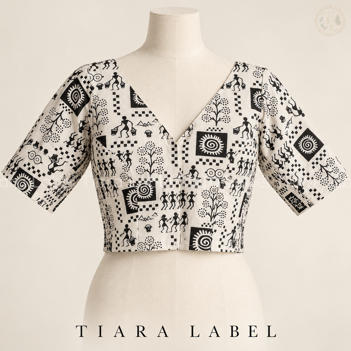 Ivory Warli-Inspired Print Flex-Fit Blouse