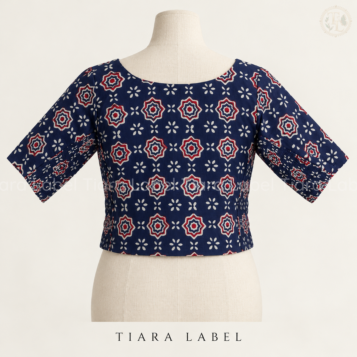 Navy Blue Geometric Floral Print Flex-Fit Blouse