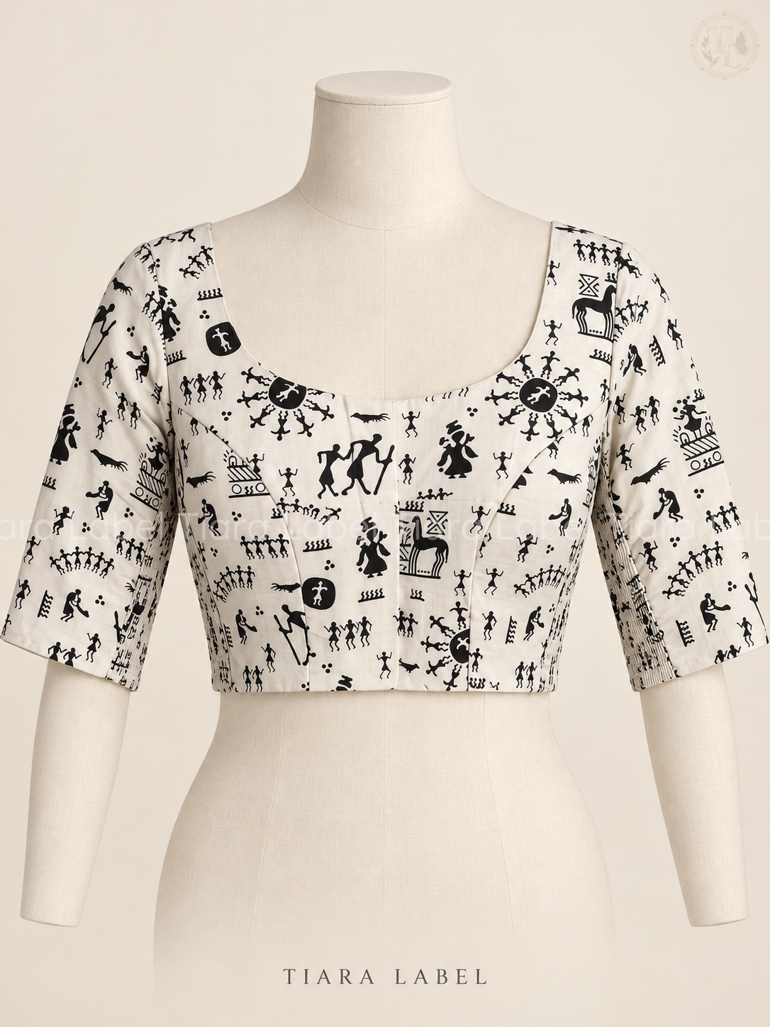 White Folk-Art Print Flex-Fit Blouse