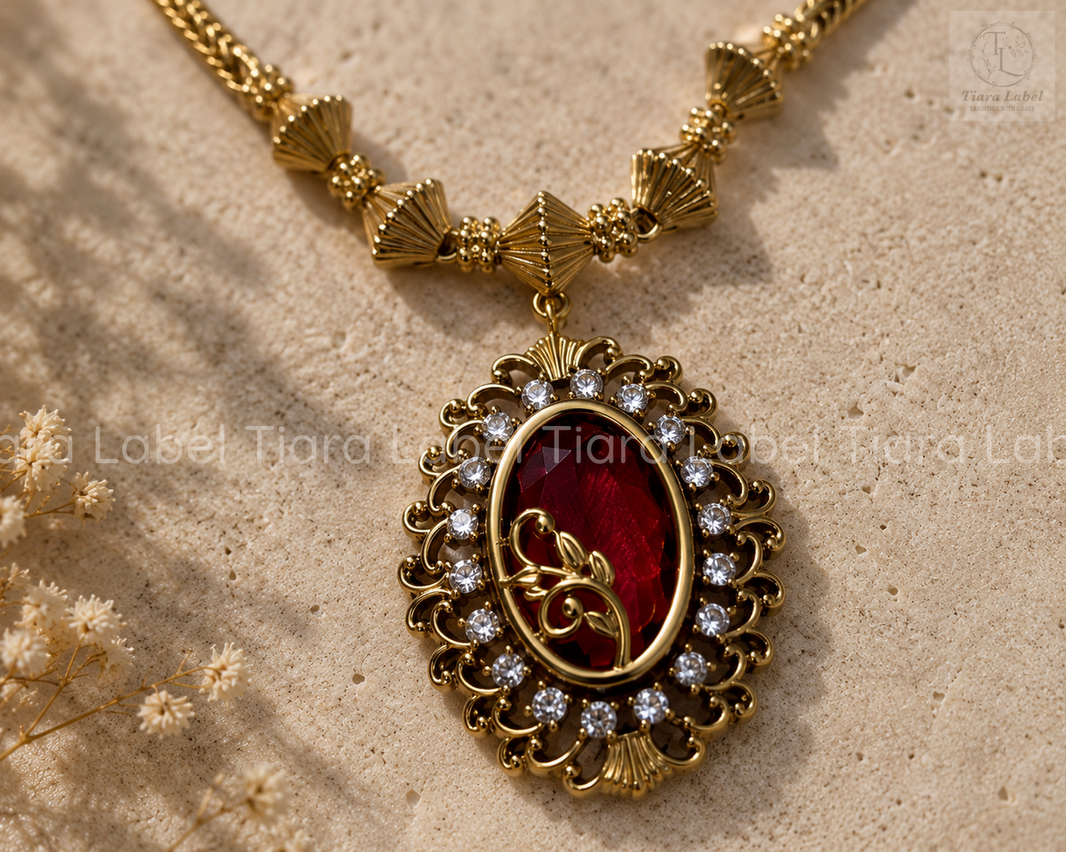 Antique Gold Leaf Pendant Necklace & Earrings Set – Ruby Red / Emerald Green