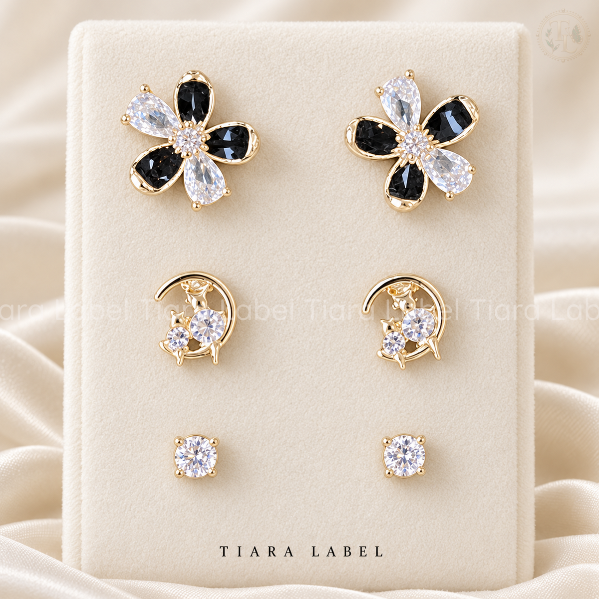 Midnight Bloom & Moon Anti-Tarnish Stud Set — 3 Pairs