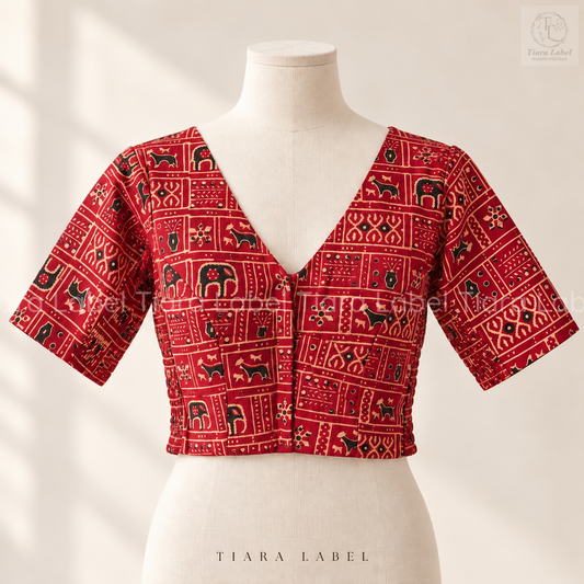 Red Folk Motif Print Flex-Fit Blouse