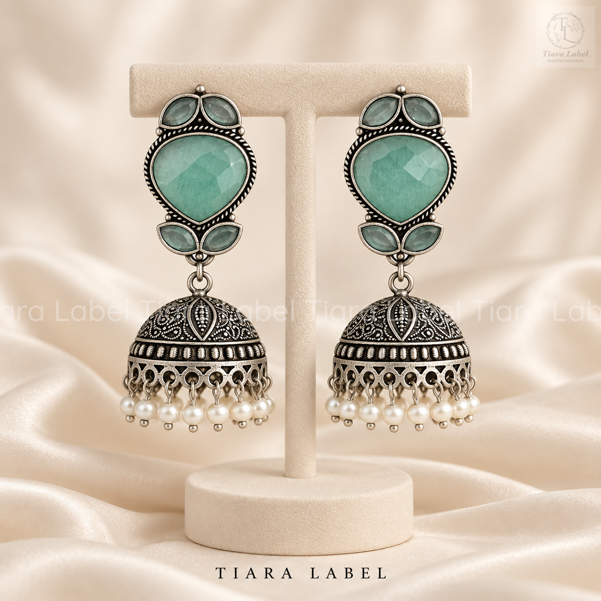 Pastel Leaf-Stone Oxidized Jhumka Earrings