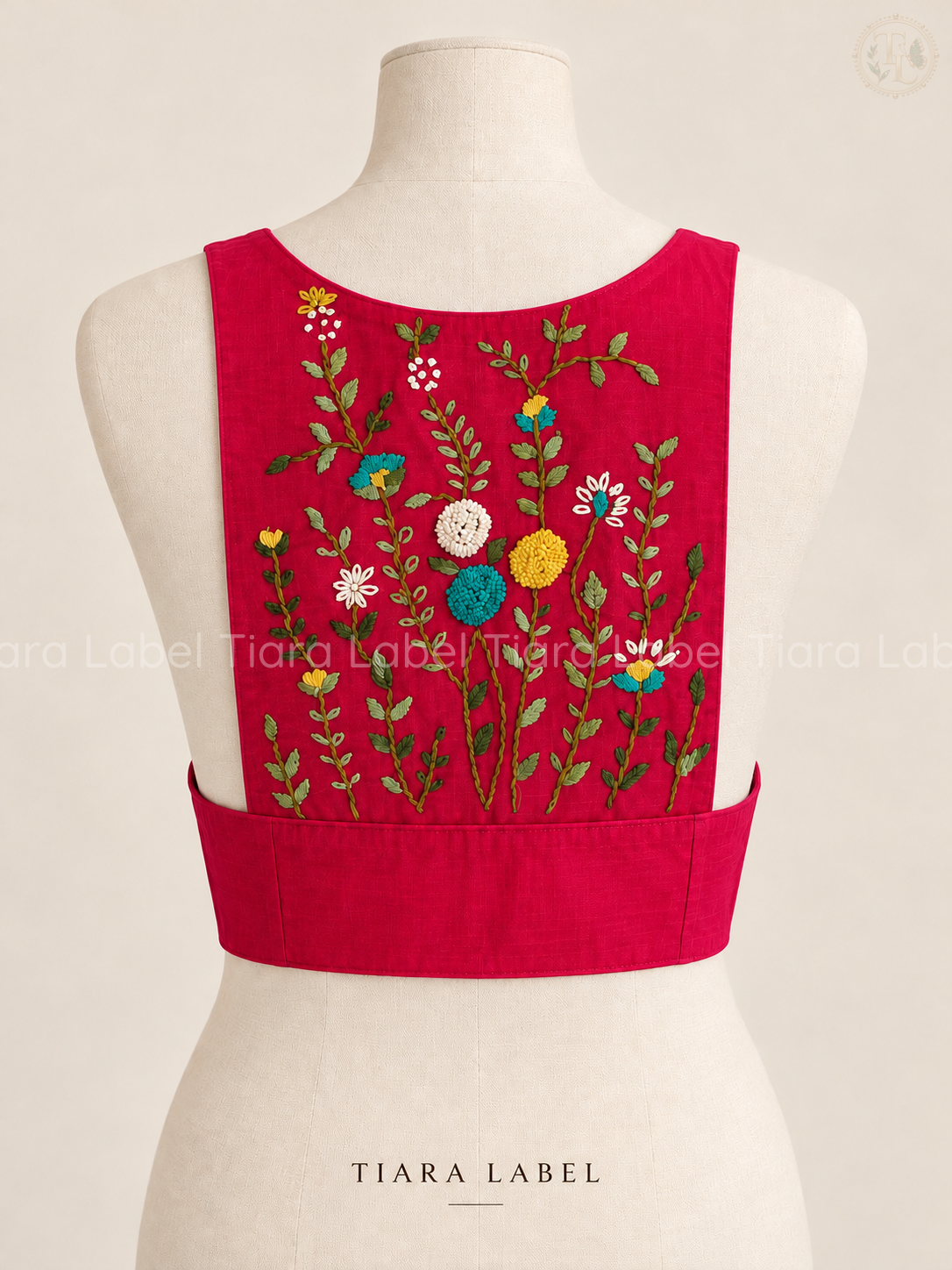 Hand-Embroidered Wildflower Rani Pink Sleeveless Blouse