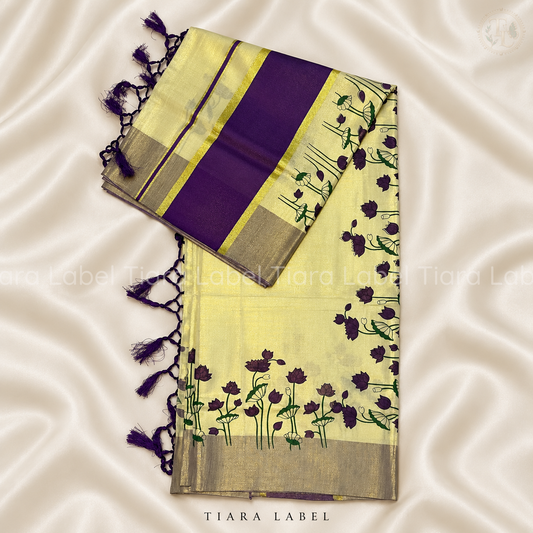 Kathiri Colour Floral Handloom Kasavu Saree