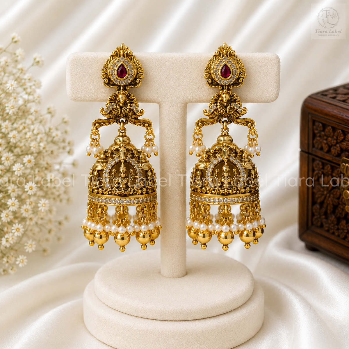 Grand Lakshmi Peacock Pearl Temple Jhumka Earrings