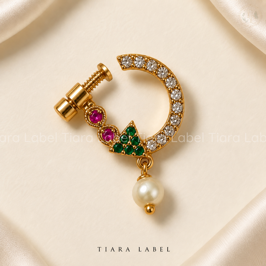 Multicolour Crescent Pearl-Drop Screw Nose Pin
