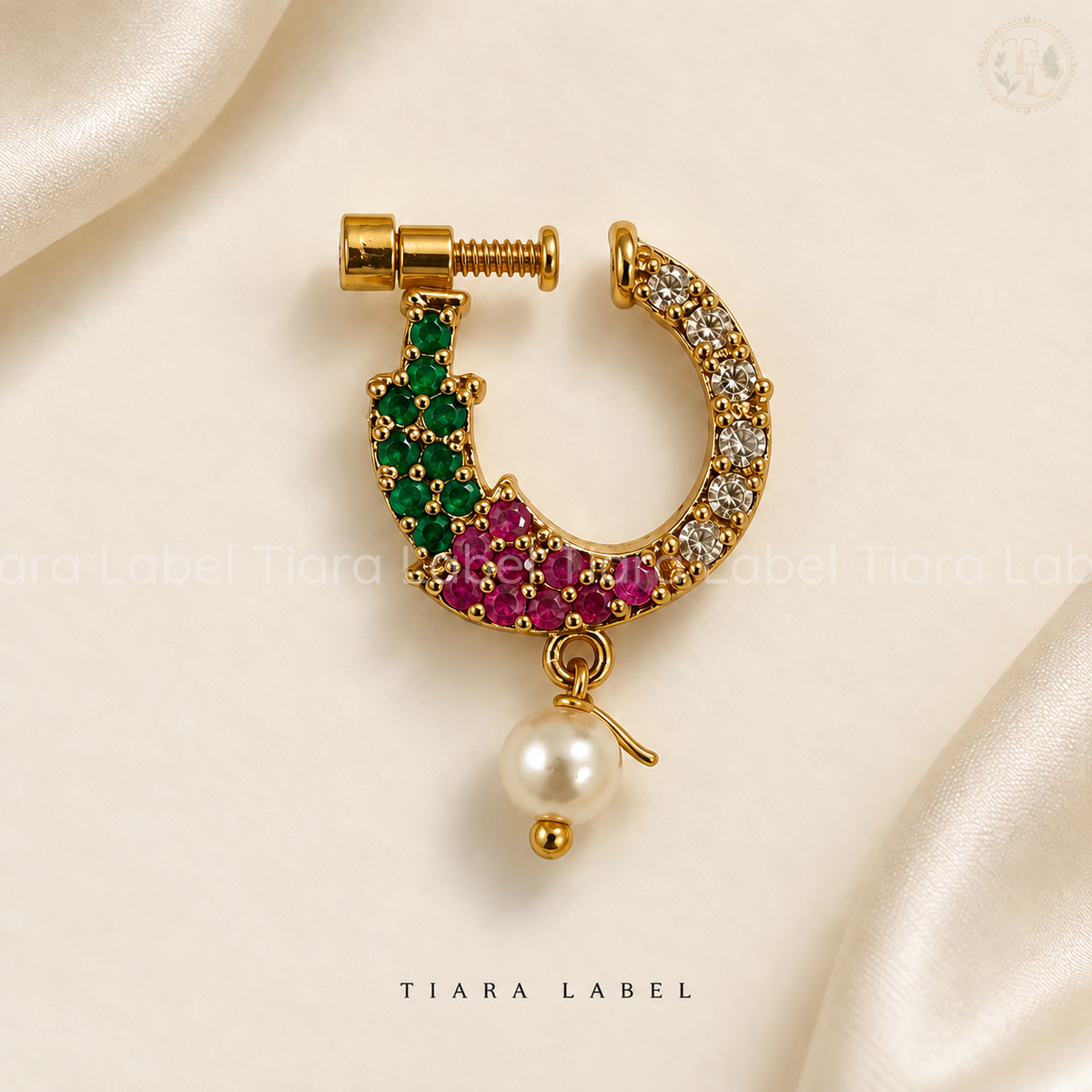 Multicolour Crescent Pearl-Drop Screw Nose Pin