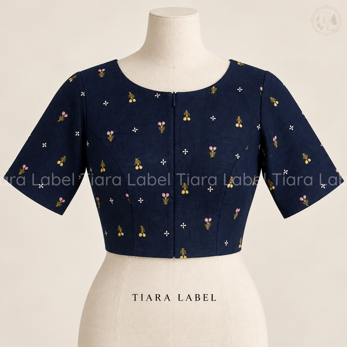 Embroidered Floral Booti Navy Blue Linen Cotton Blouse