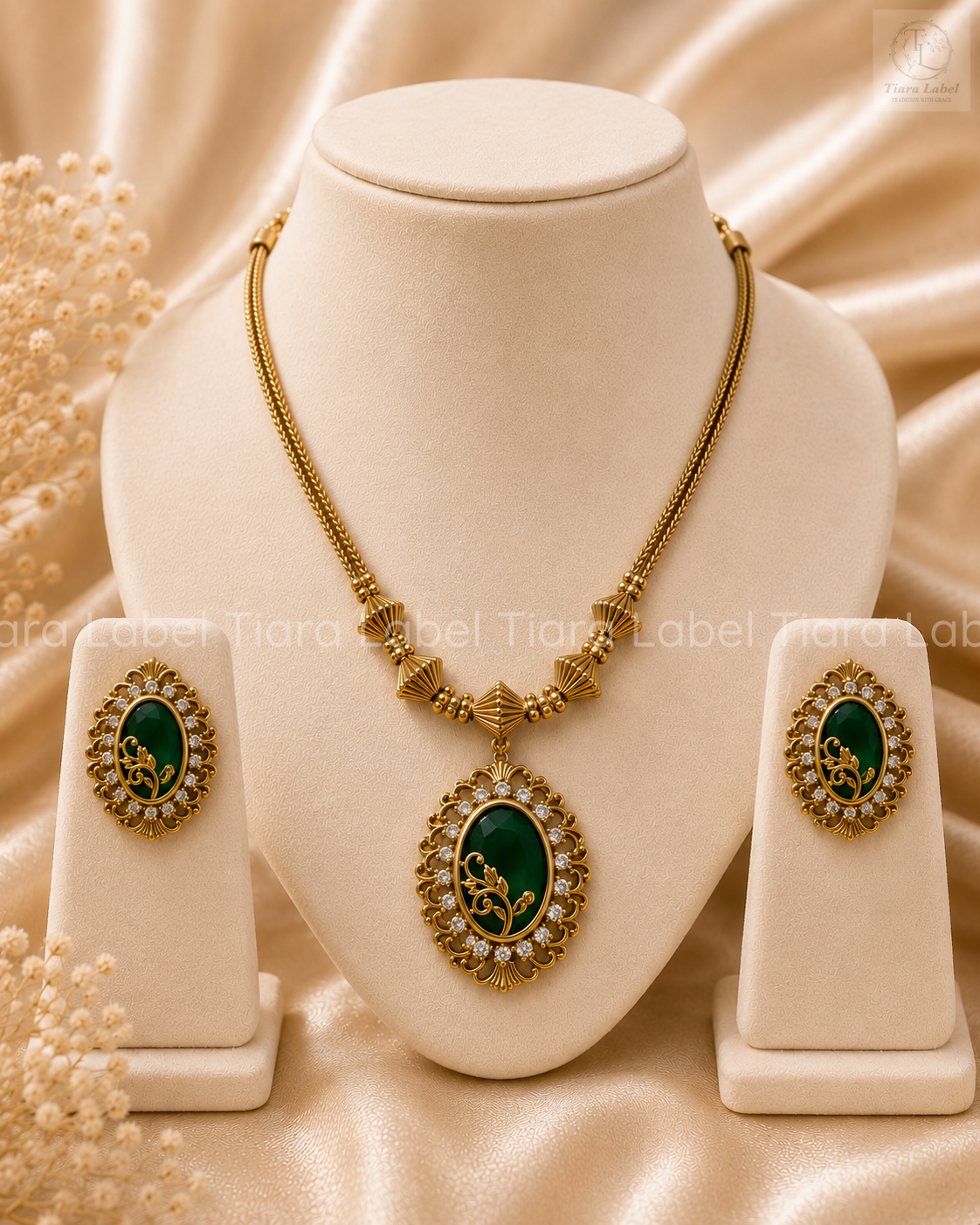 Antique Gold Leaf Pendant Necklace & Earrings Set – Ruby Red / Emerald Green